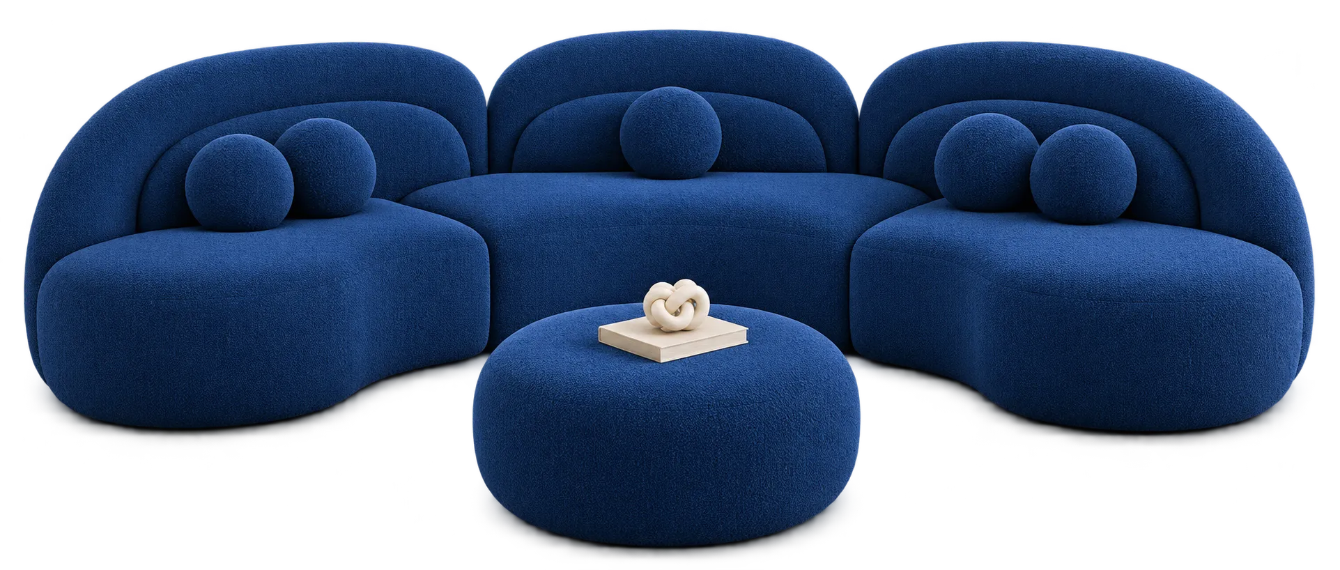 Navy blue modular sofa set with matching round ottoman.