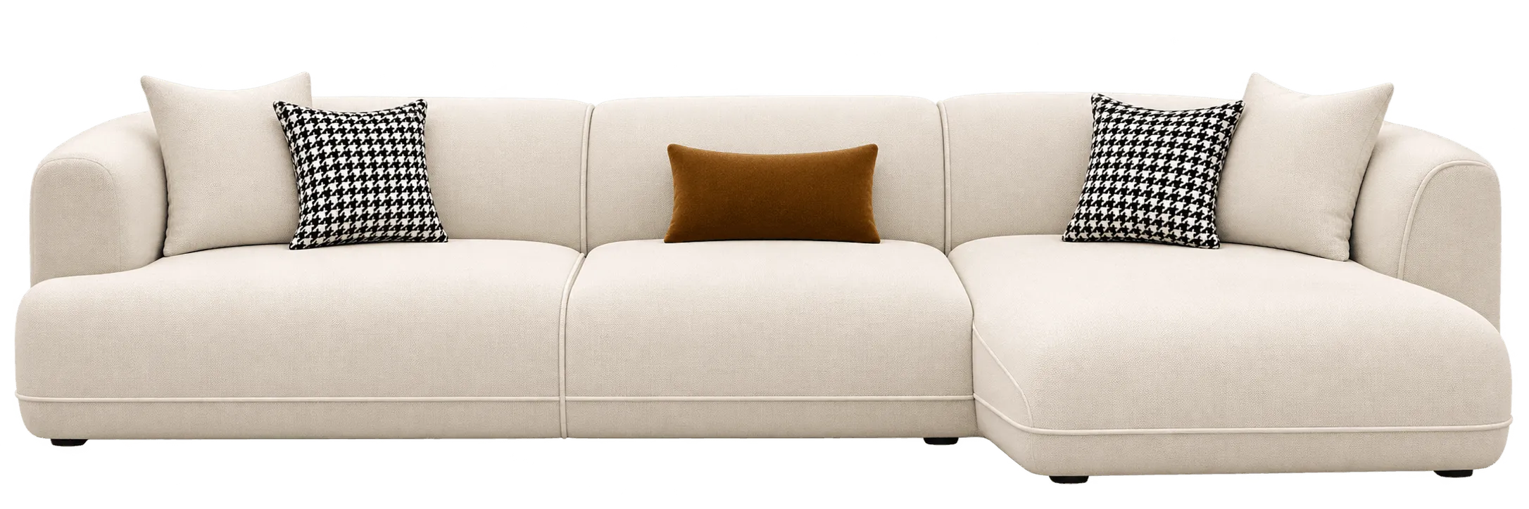 Neutral sectional sofa with cream and brown accent cushions.