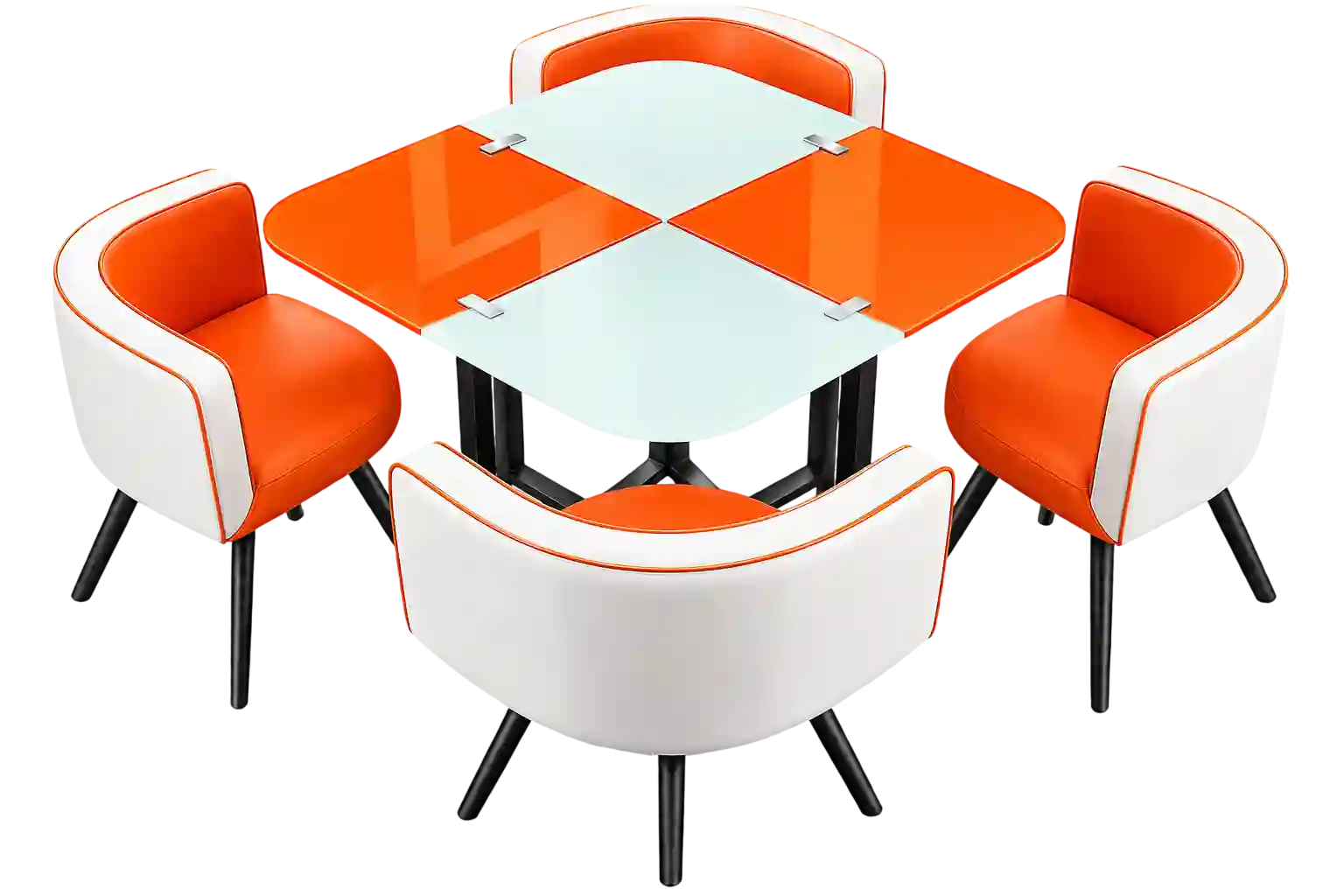 Orange modern dining table with matching chairs.