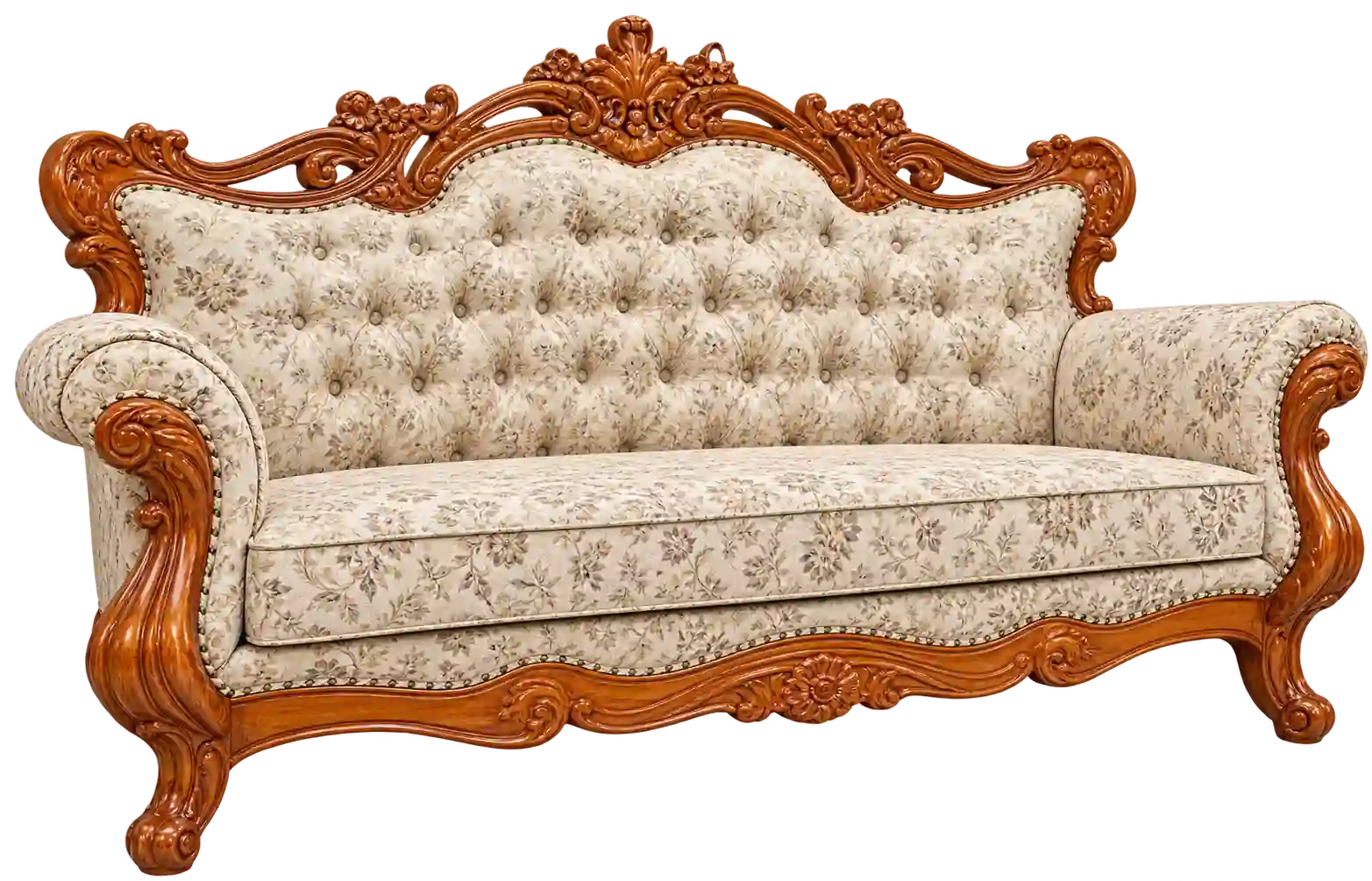 Ornate carved wooden sofa with detailed upholstery.