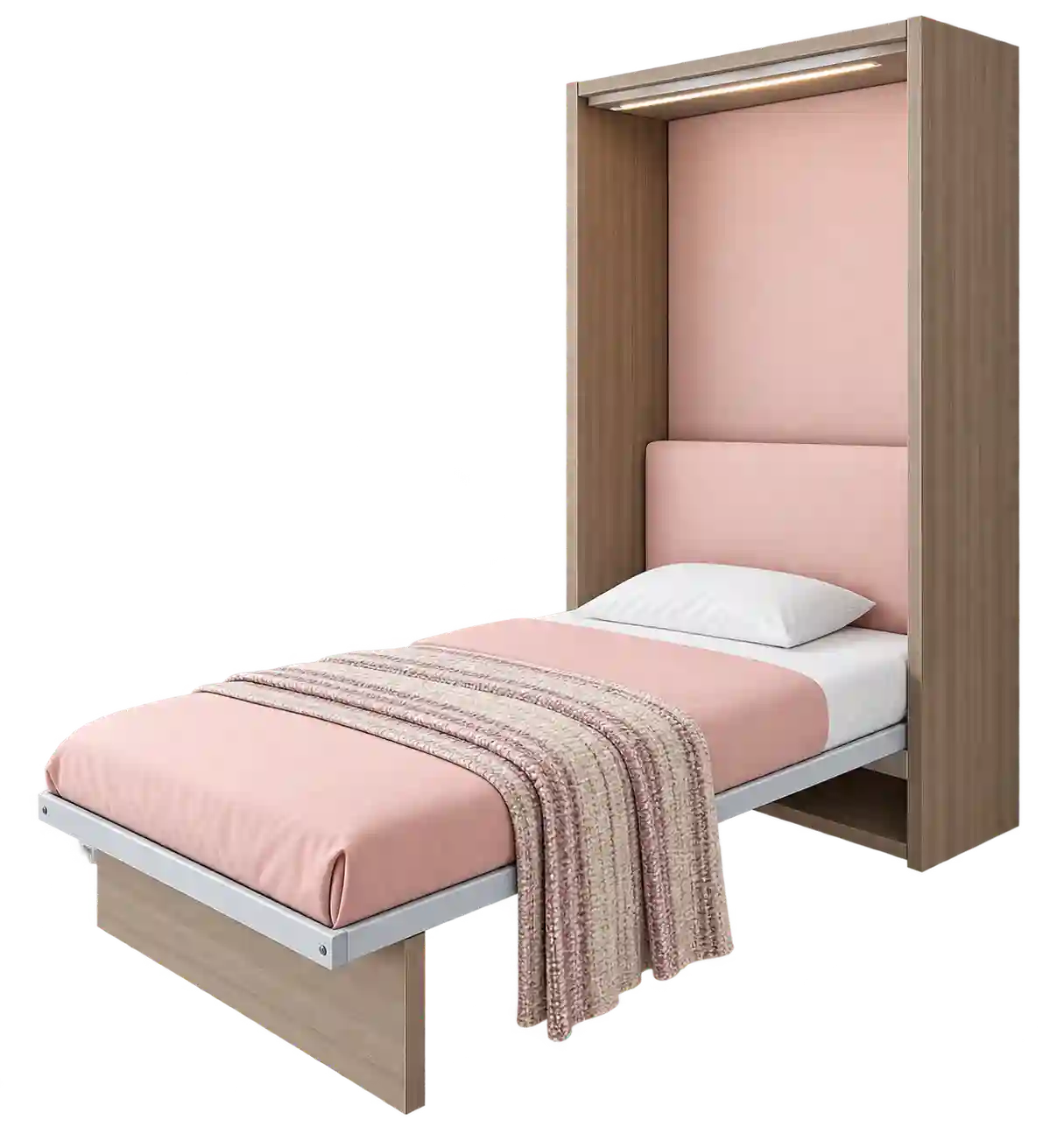 Pink accent Murphy bed with upholstered headboard.