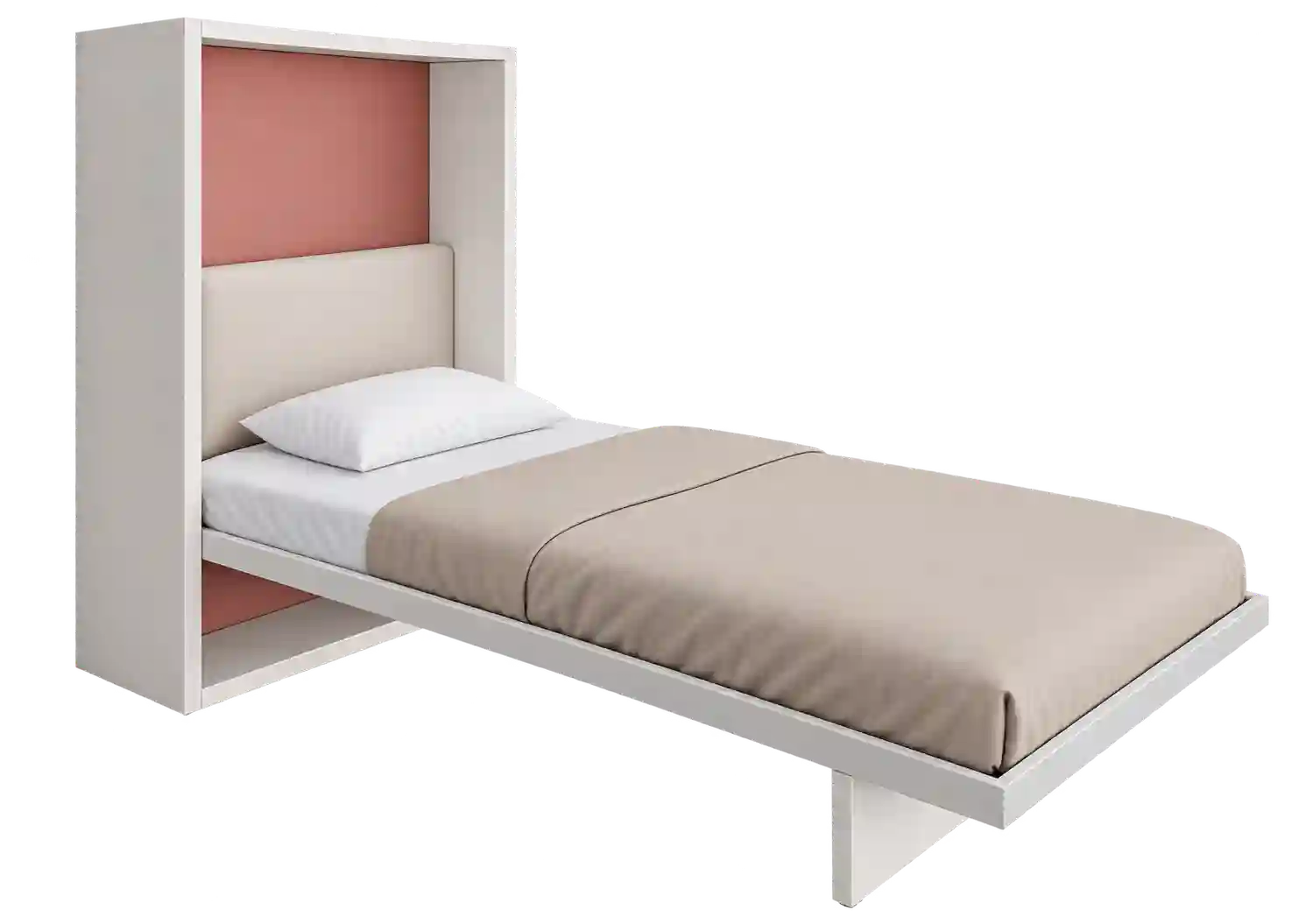Pink and white Murphy bed with upholstered panel.