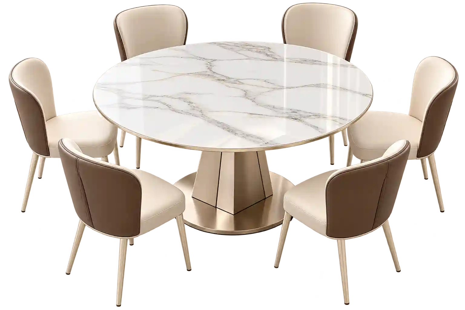 Round marble-style dining table with beige chairs.