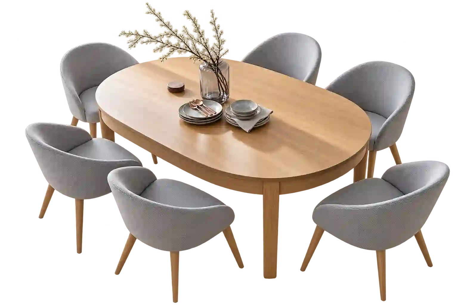 Round wood dining table with grey chairs.