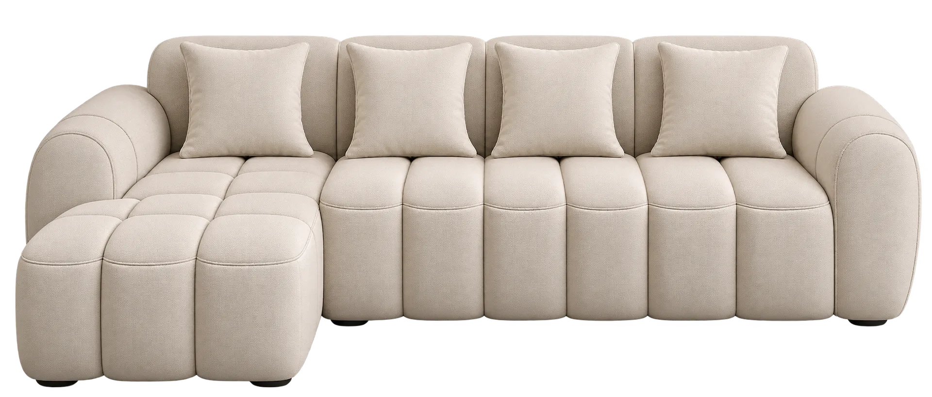 Beige rounded sofa with textured upholstery and curved backrest.