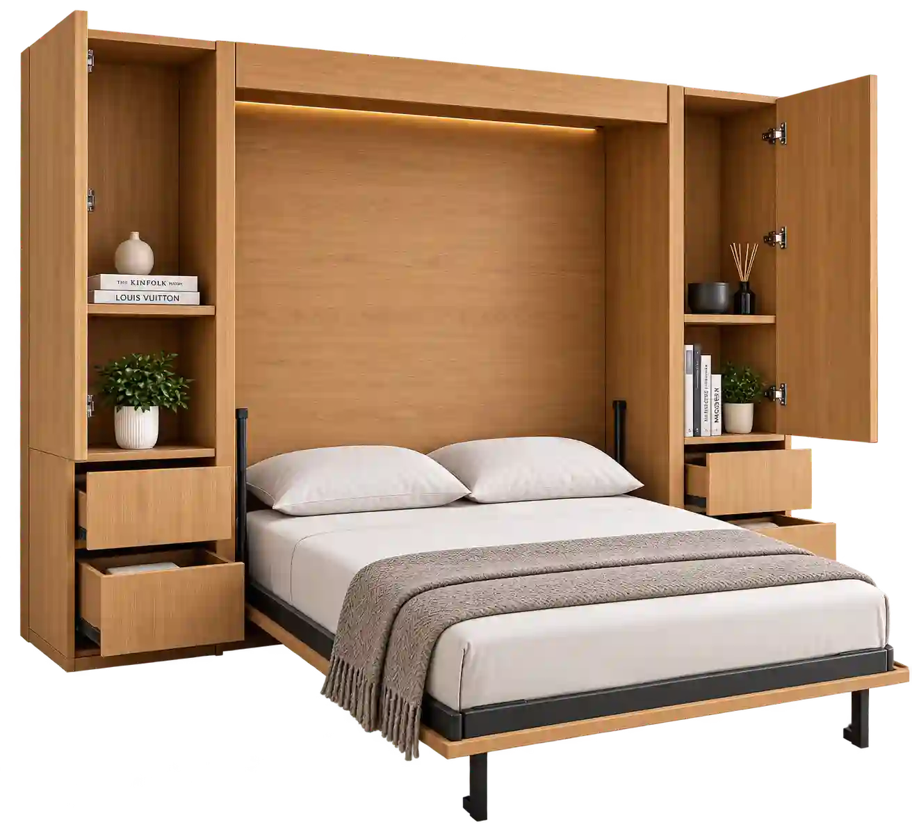Space-saving Murphy bed with integrated storage cabinets.
