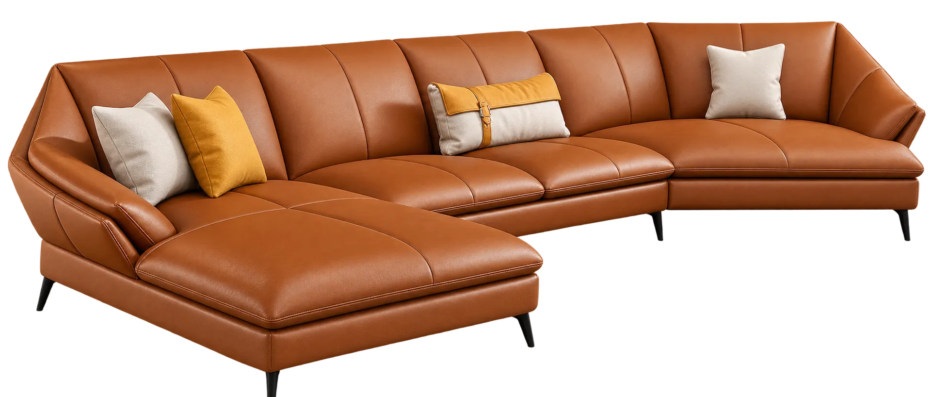 Tan leather sectional couch available through couch suppliers in Doha.