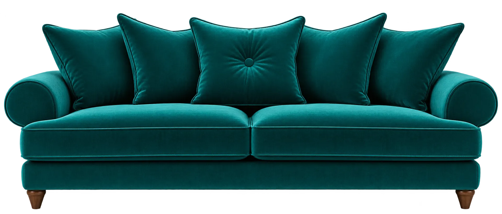 Deep teal velvet sofa with curved arms and matching cushions.