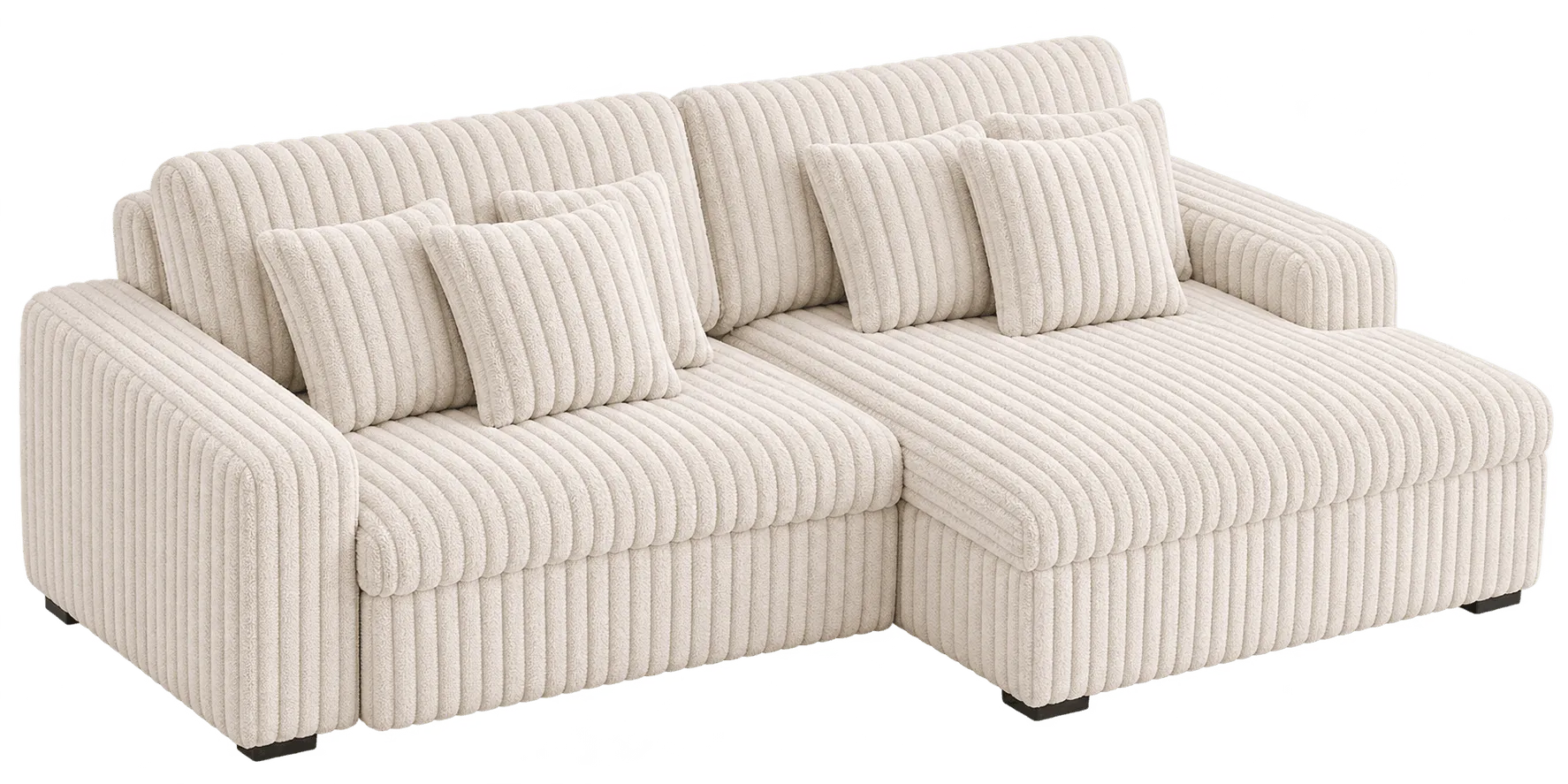 Beige modular couch with textured upholstery and matching cushions.