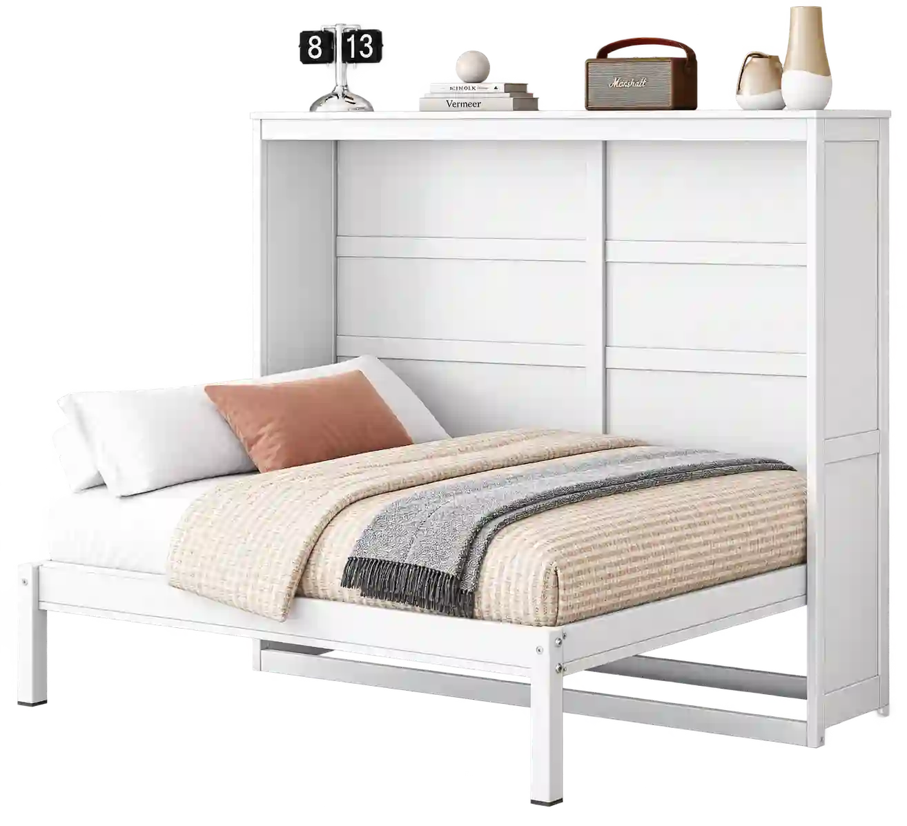 White Murphy bed with integrated dresser storage.
