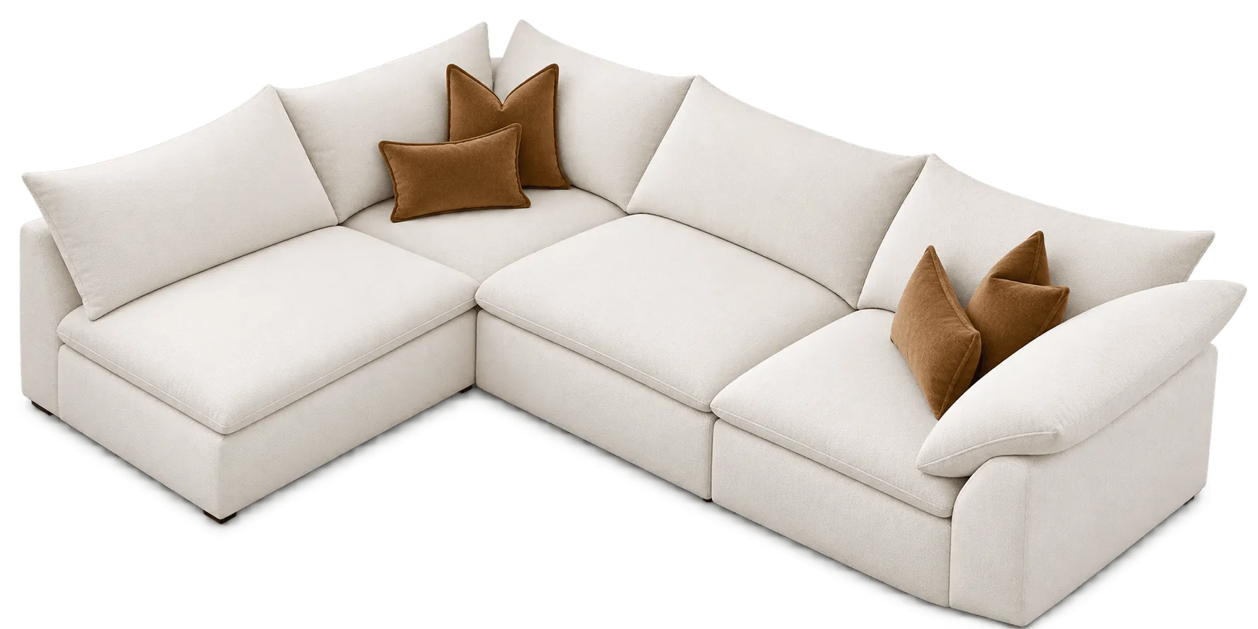 White L-shaped modular sofa with brown accent cushions.