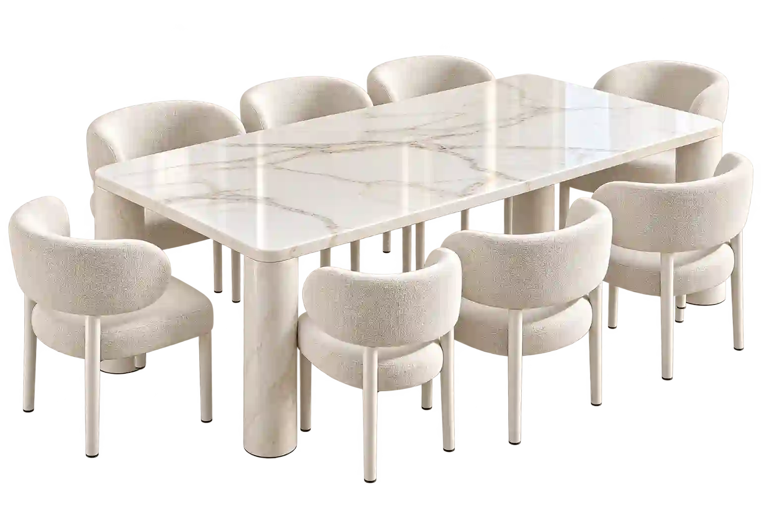 Long white dining table with matching chairs.