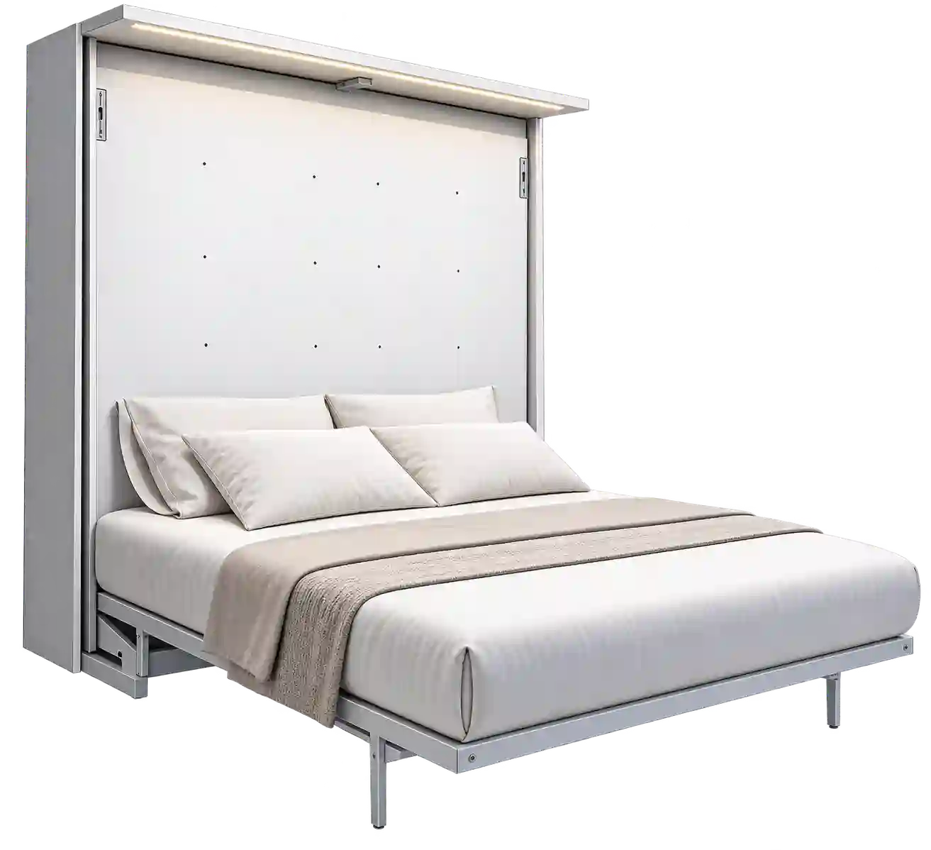 Minimal white Murphy bed with clean cabinet design.