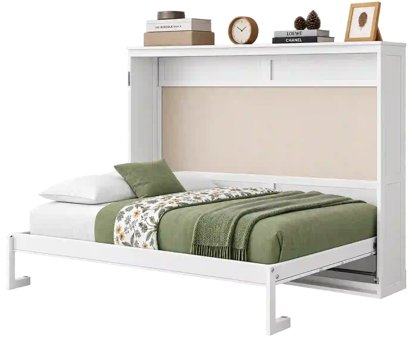 White modern Murphy bed with overhead storage.