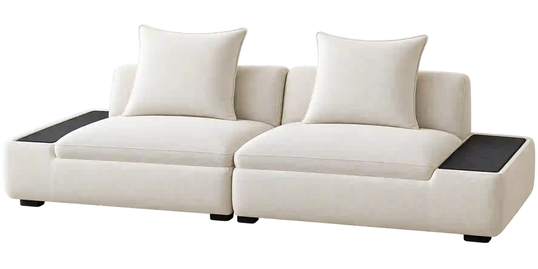 White modern upholstered sofa with deep cushions.
