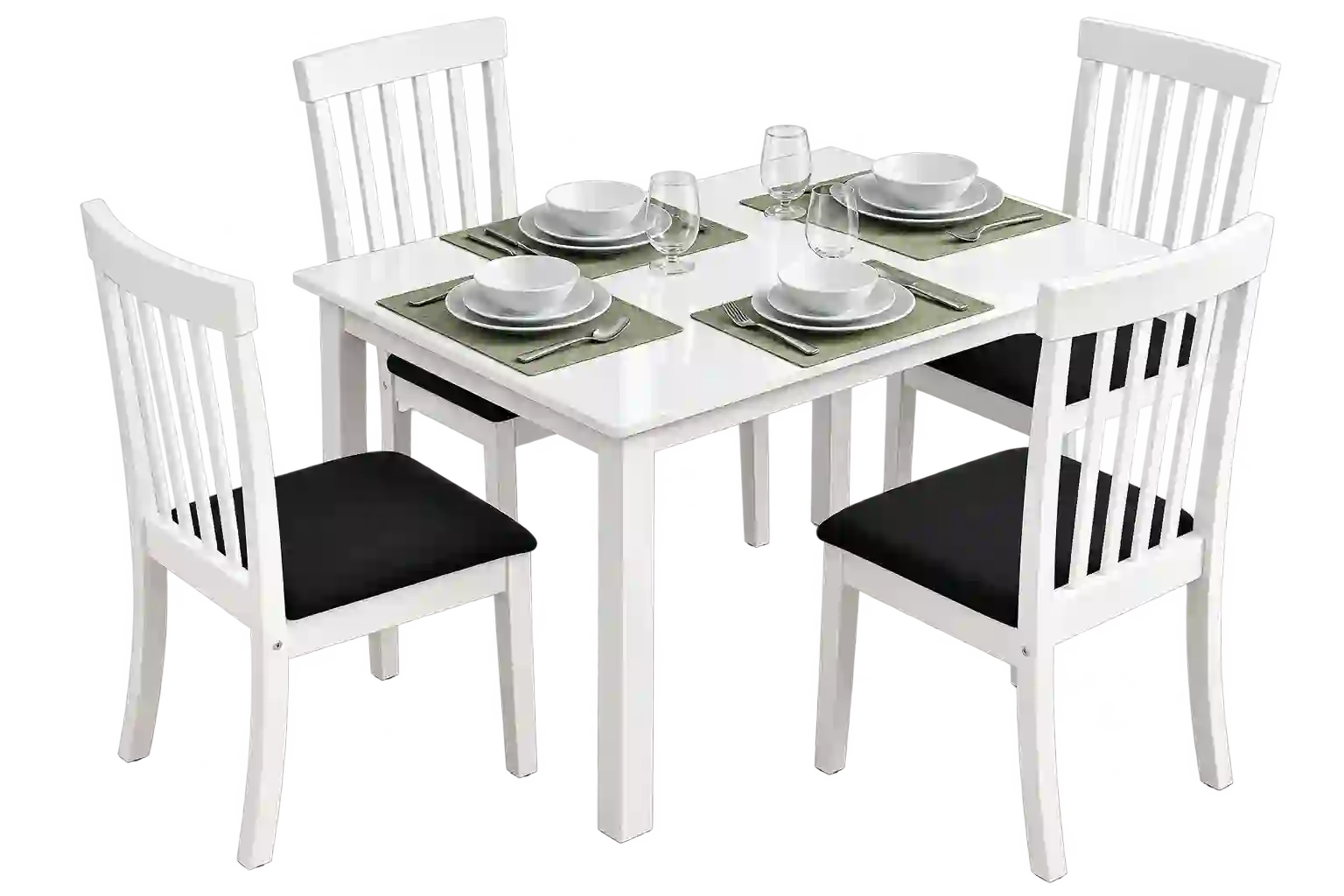 White ornate dining table with matching chairs.