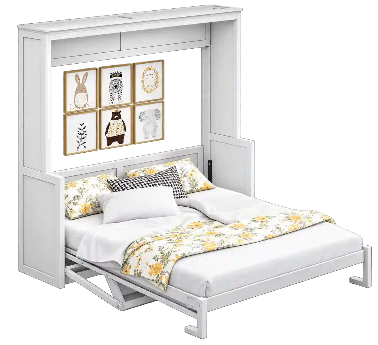White panel Murphy bed with integrated storage.