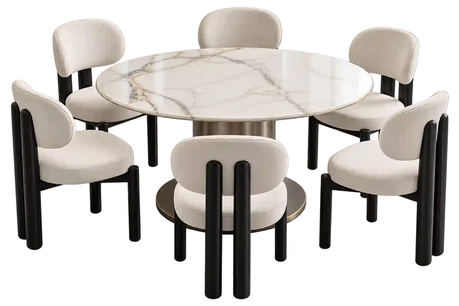 White round dining table with upholstered chairs.