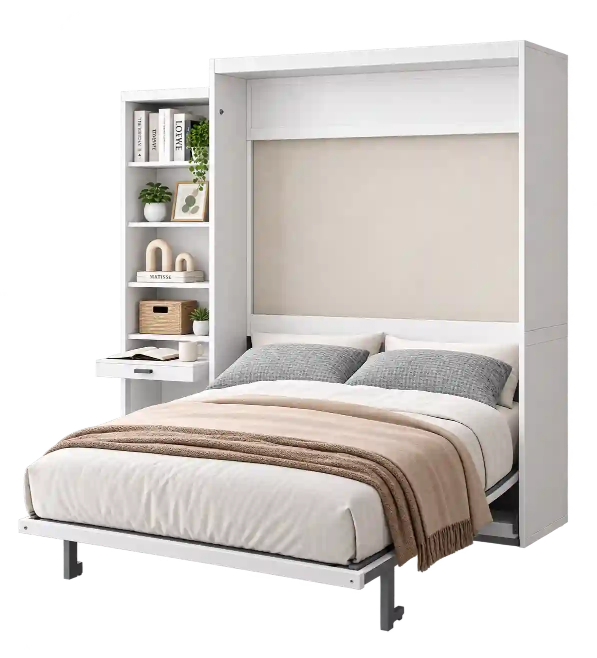 White Murphy bed with built-in side shelves.