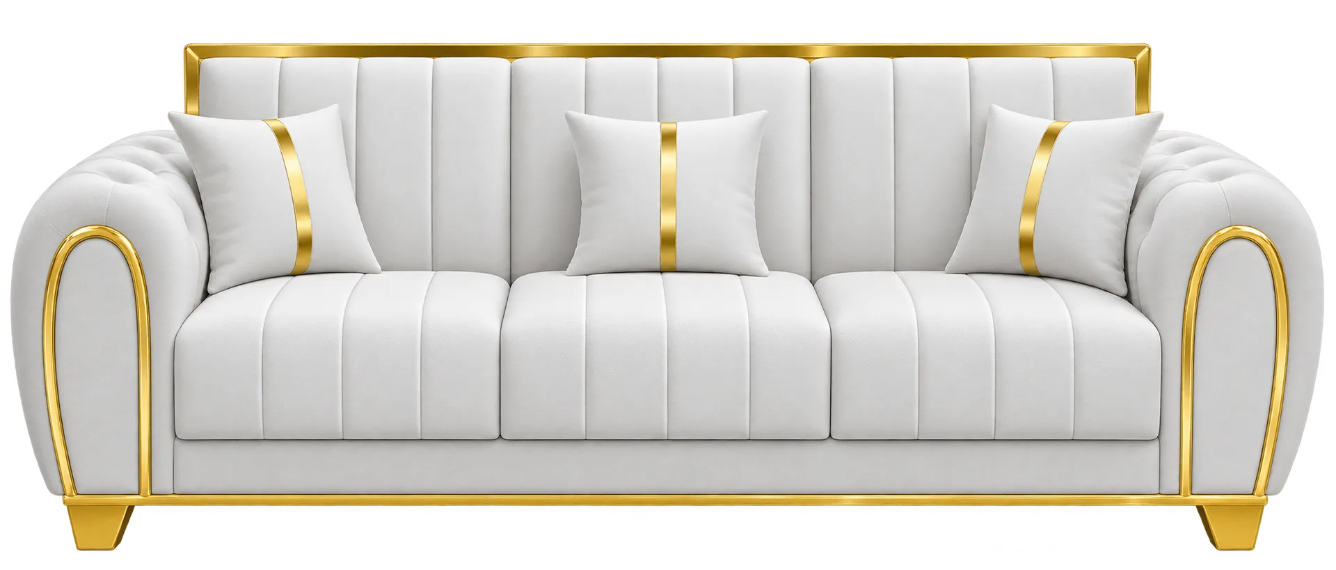 White three-seater sofa with tufted backrest and gold-tone detailing.