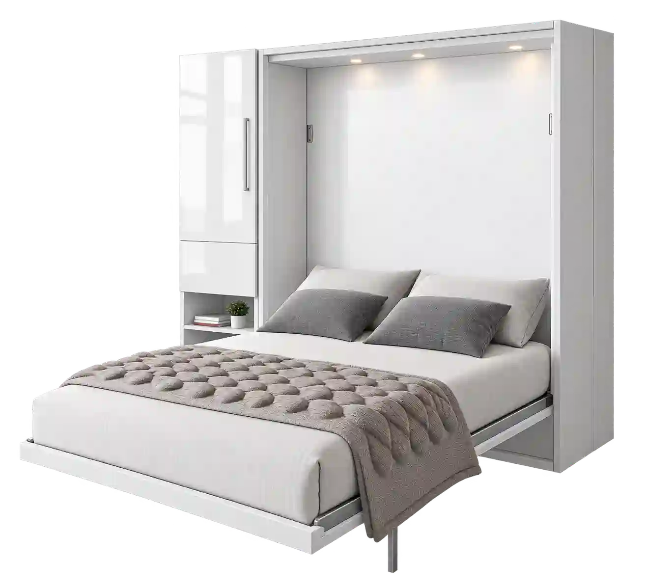 White upholstered Murphy bed with built-in cabinet.