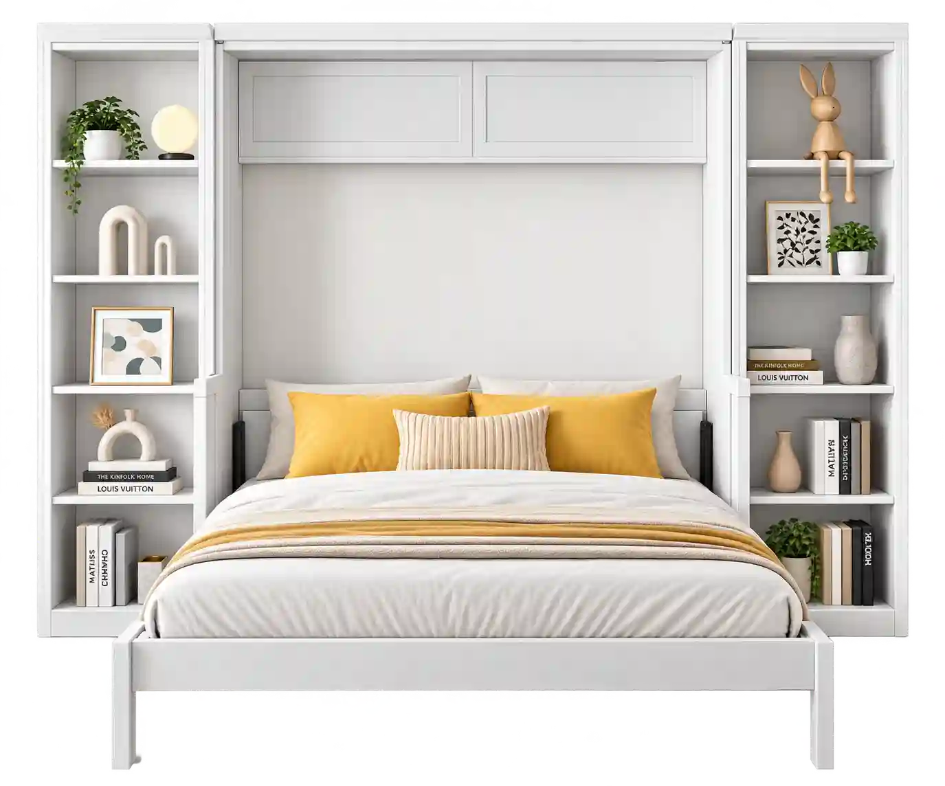 White wall Murphy bed with integrated shelves.