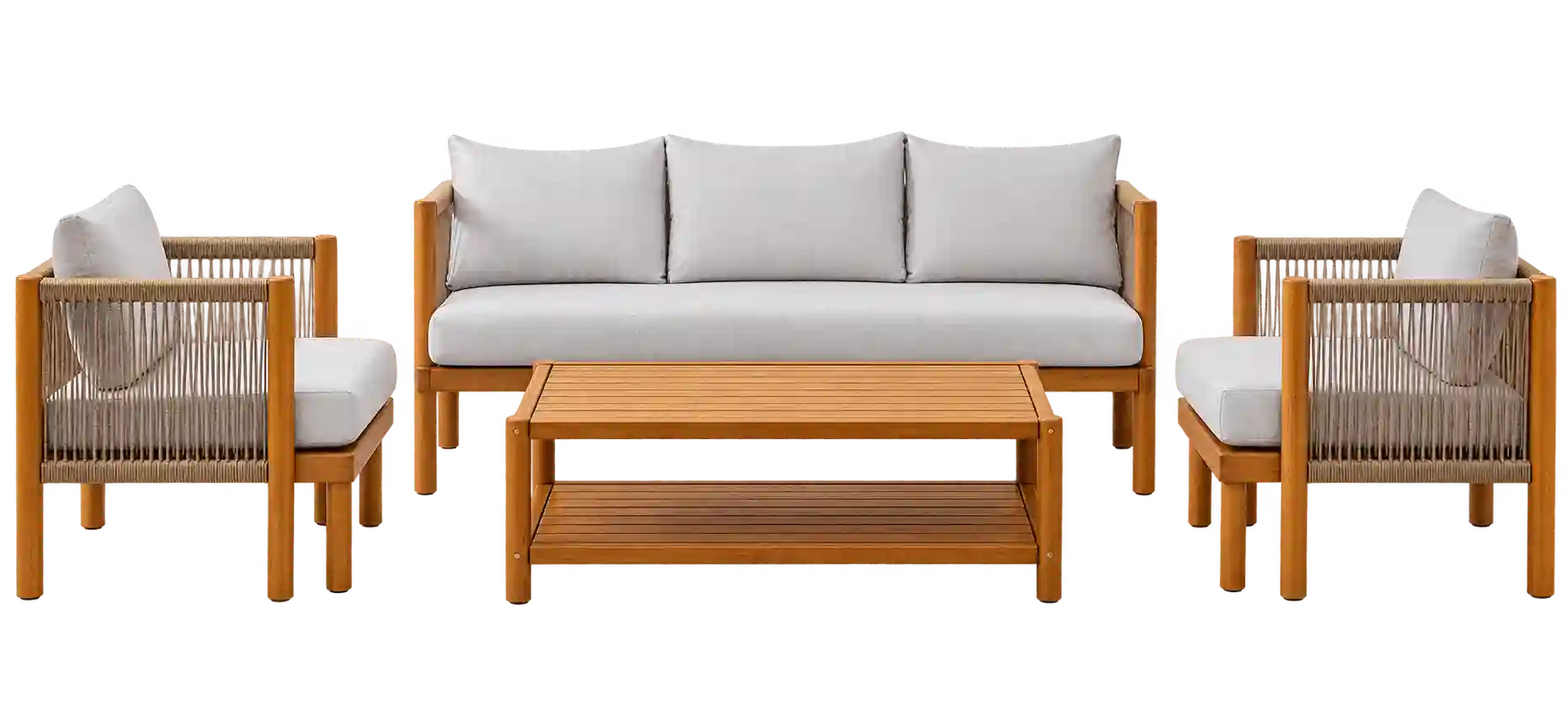 White upholstered sofa set with wooden frame.