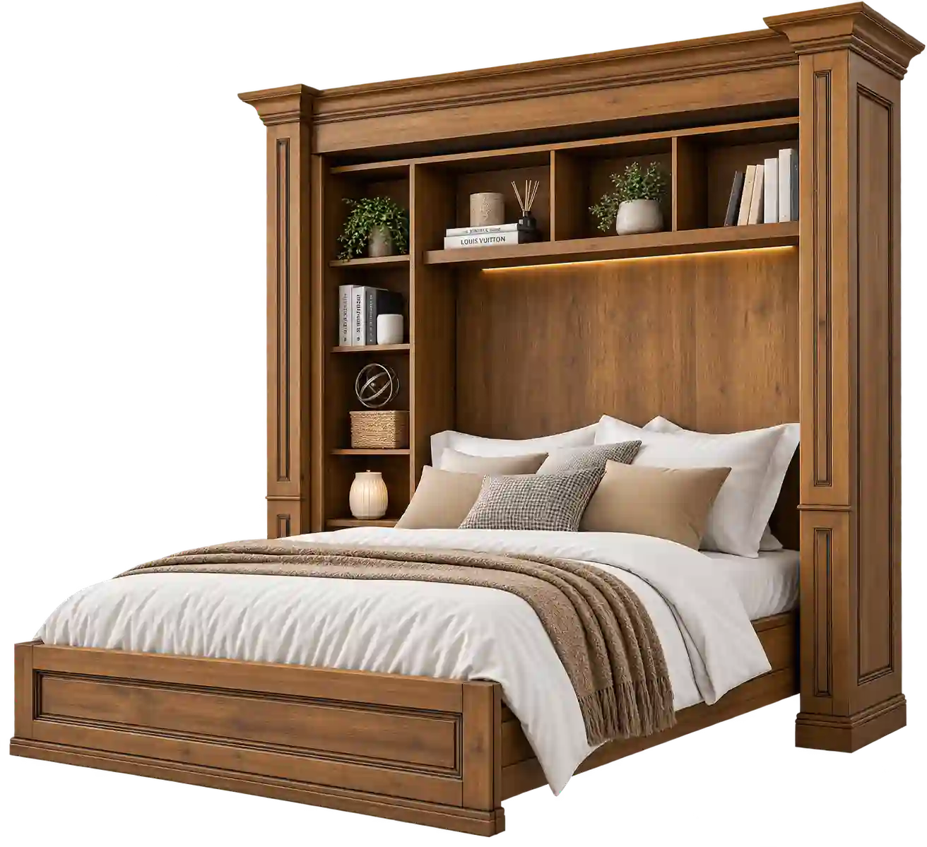 Wooden bed with built-in storage and shelving.
