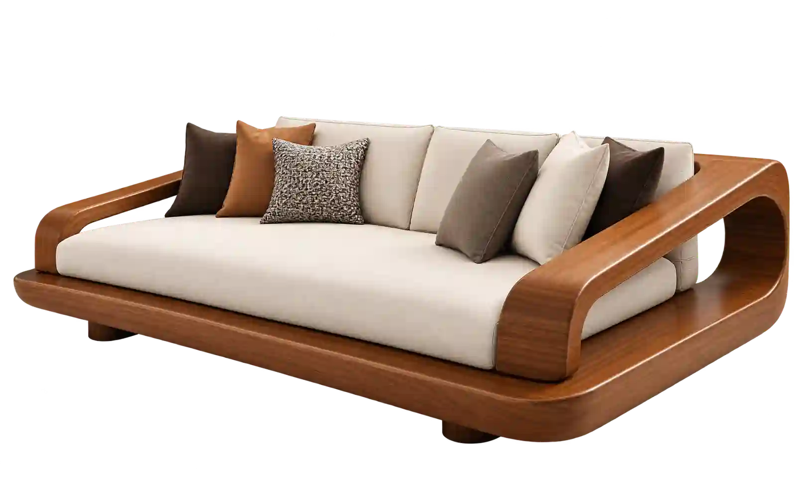 Wooden platform sofa with cream cushions.