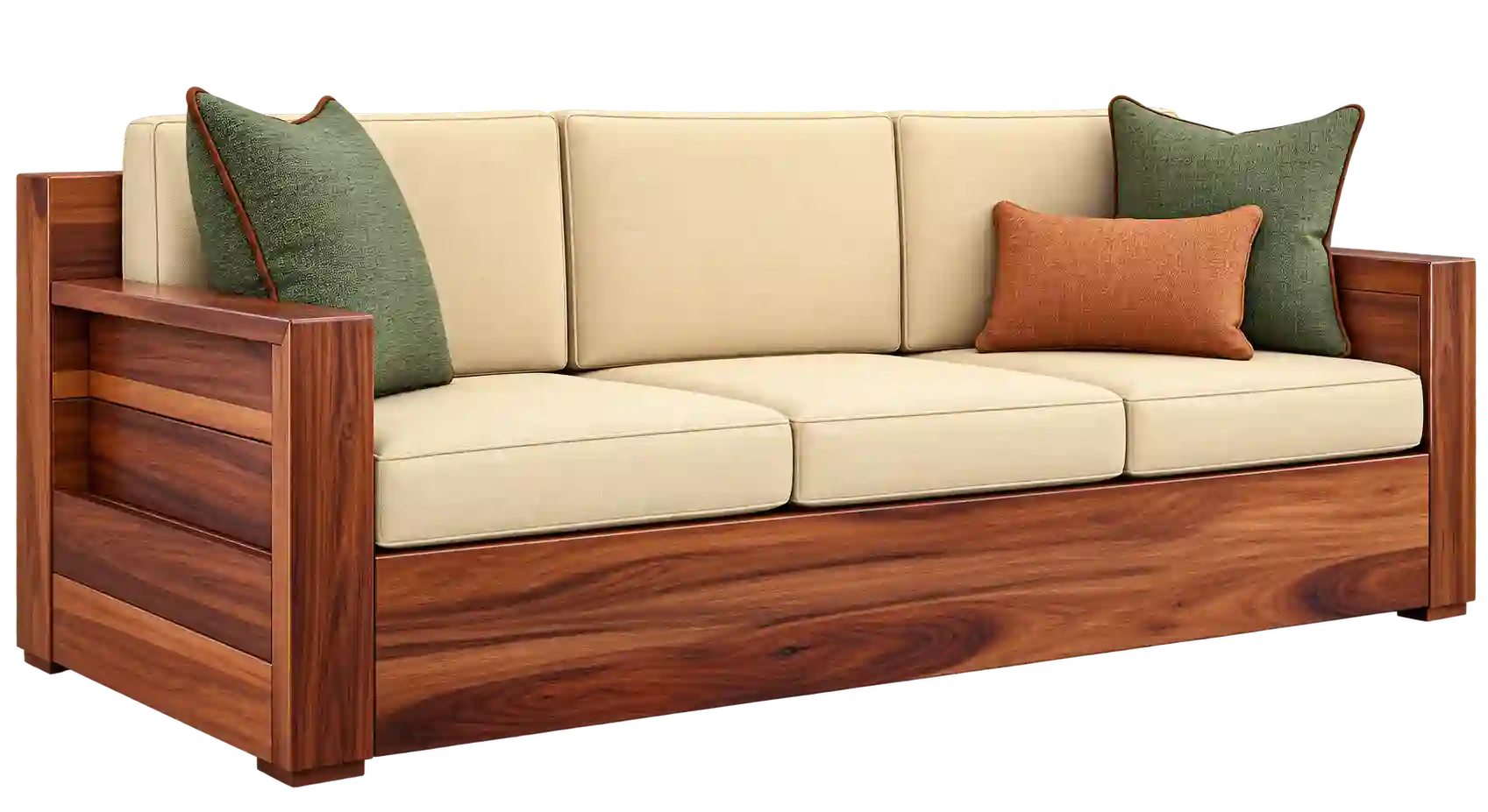 Wooden sofa in Qatar with cream upholstery and wooden frame.