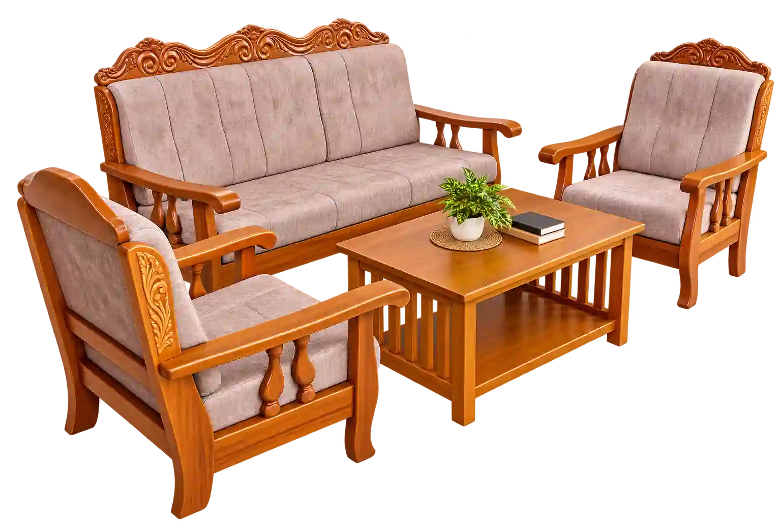 Wooden sofa set in Qatar with matching chairs and center table.