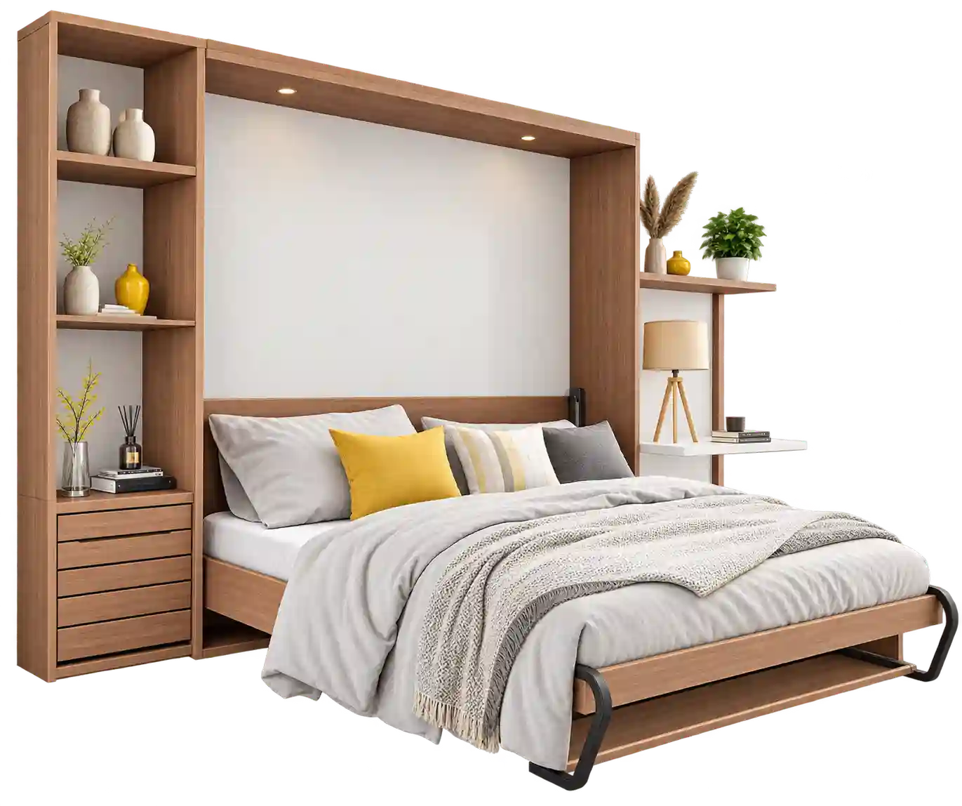 Wooden Murphy bed with open shelves and storage.